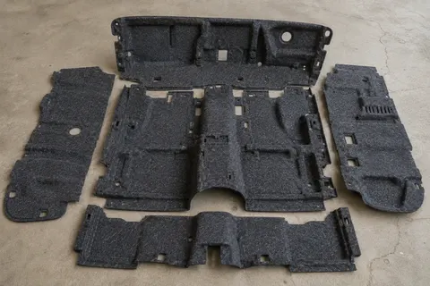 Full set of automotive floor and cabin insulation felt panels laid out