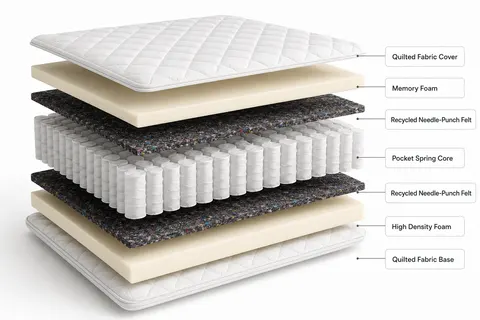 Exploded view of a pocketed-spring mattress showing quilted fabric, memory foam, recycled needle-punch felt, and pocket spring core layers