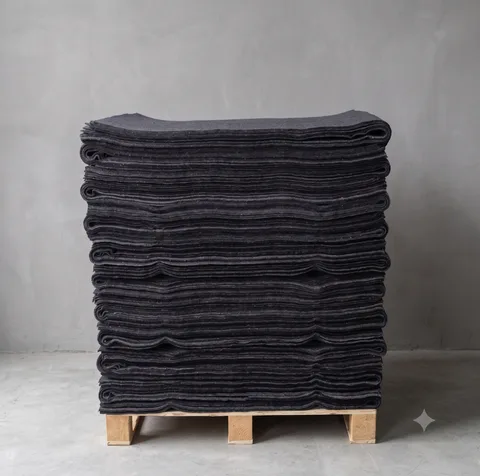 Non-woven felt sheets strapped on a pallet in the factory