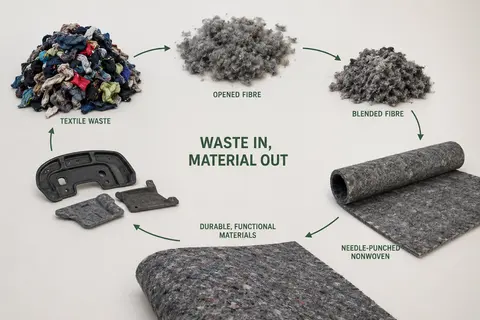 Circular process diagram: textile waste, opened fibre, blended fibre, needle-punched nonwoven, and durable functional felt materials