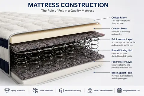 Labelled diagram of Bonnell spring mattress construction showing where felt sits between layers