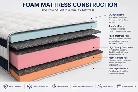 Labelled diagram of foam mattress construction showing where felt sits between foam layers