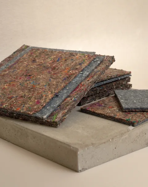 Close-up of recycled multi-fibre non-woven felt sheets